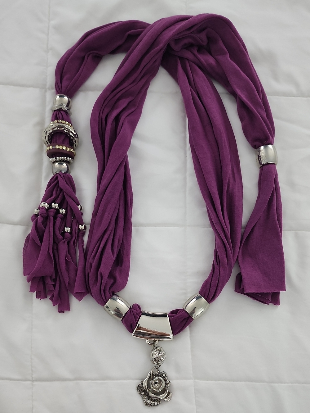 Purple Fabric Necklace/scarf with Silver Rose Pendant